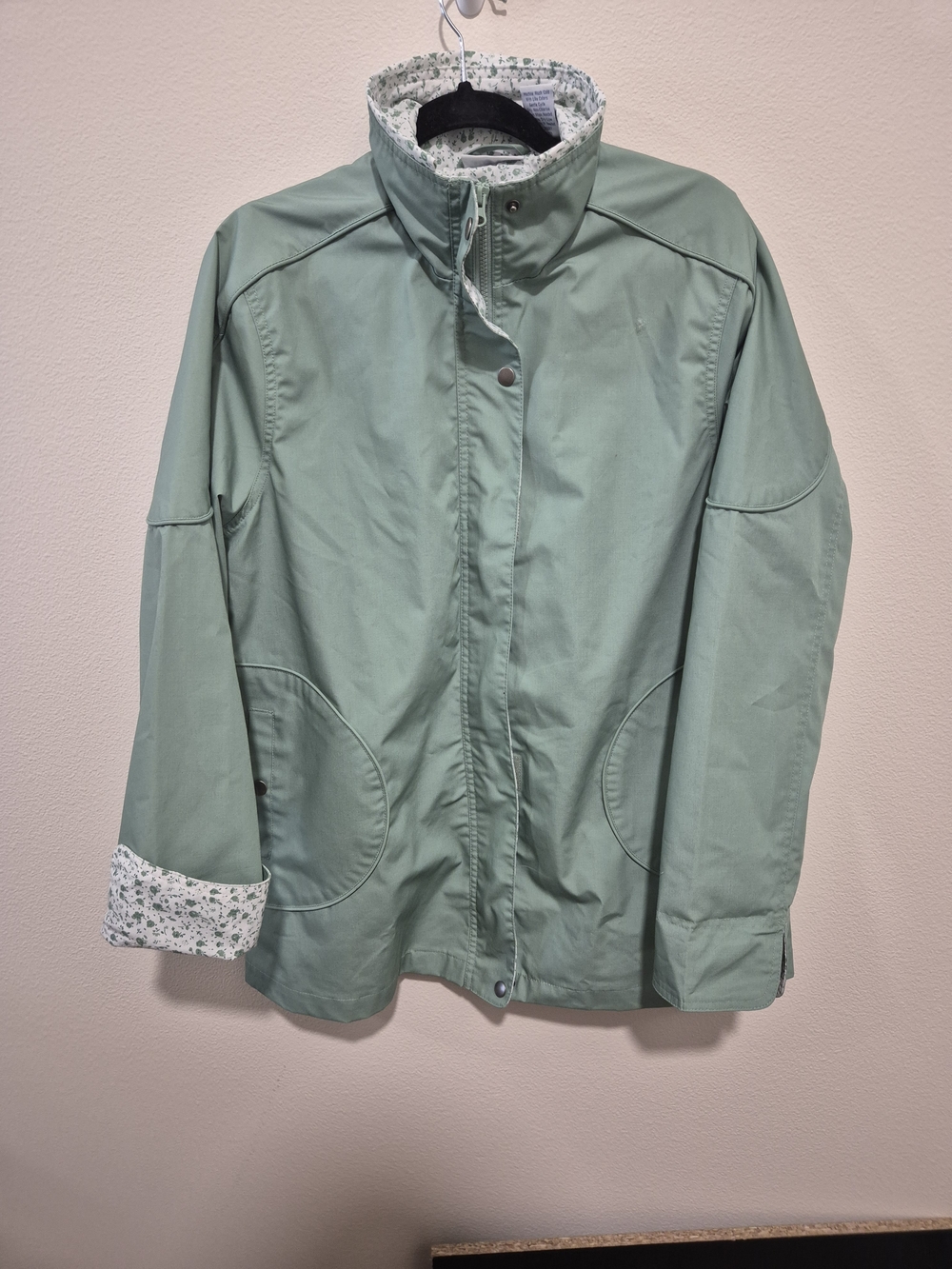 Blair Green Rain Jacket Floral Lining Zip Snap Pockets Women M